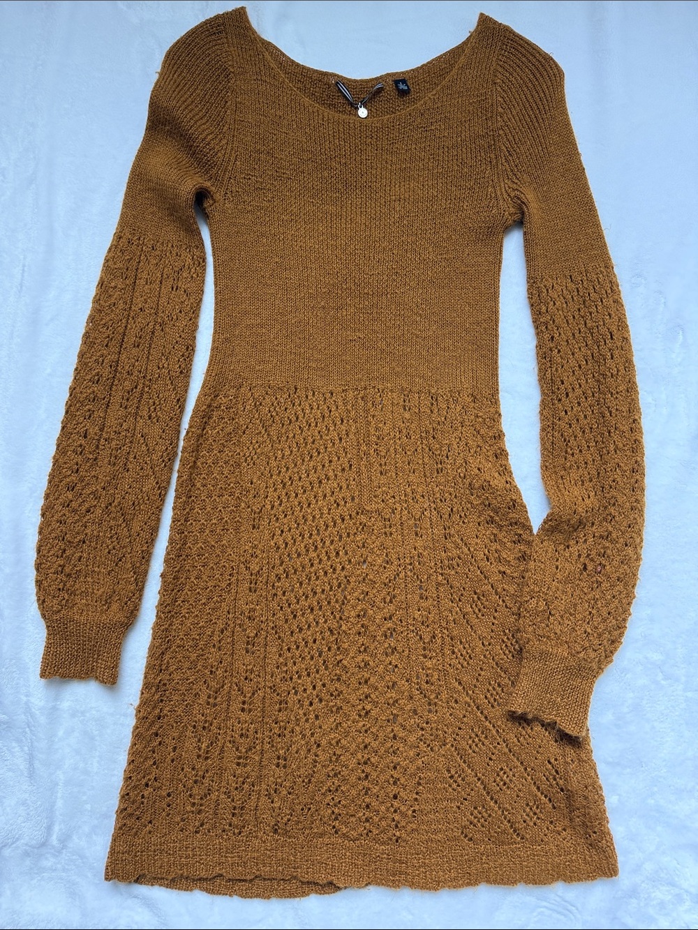 Knit Lace-Panel Mini Dress in Mustard Brown